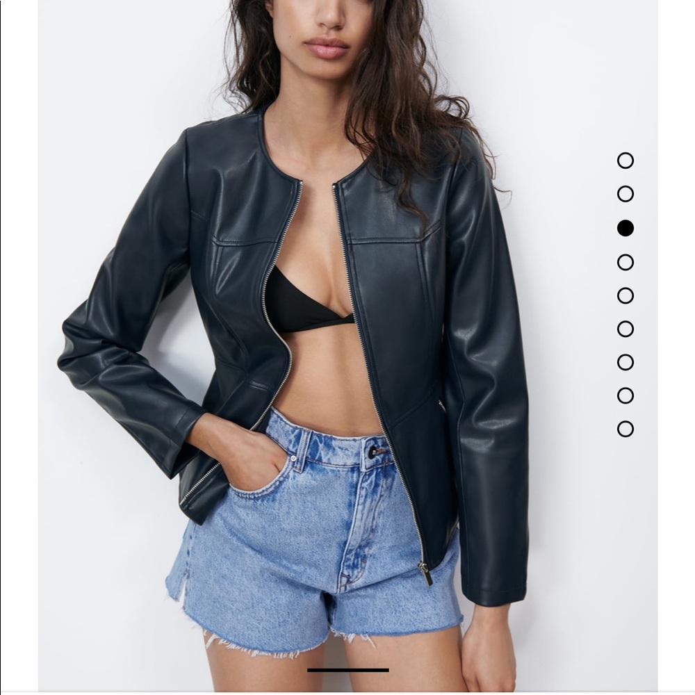 ZARA faux leather navy blue jacket Zipper front Fitted